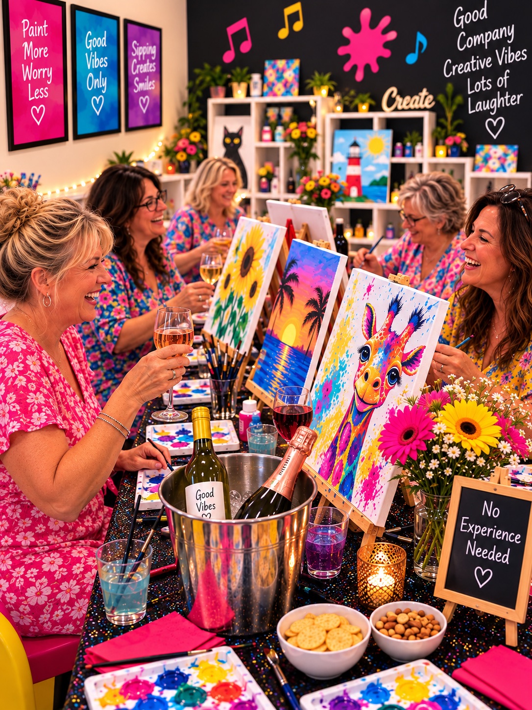 Women enjoying a relaxed BYOB painting workshop, creating colourful artwork together with drinks and lots of laughter.