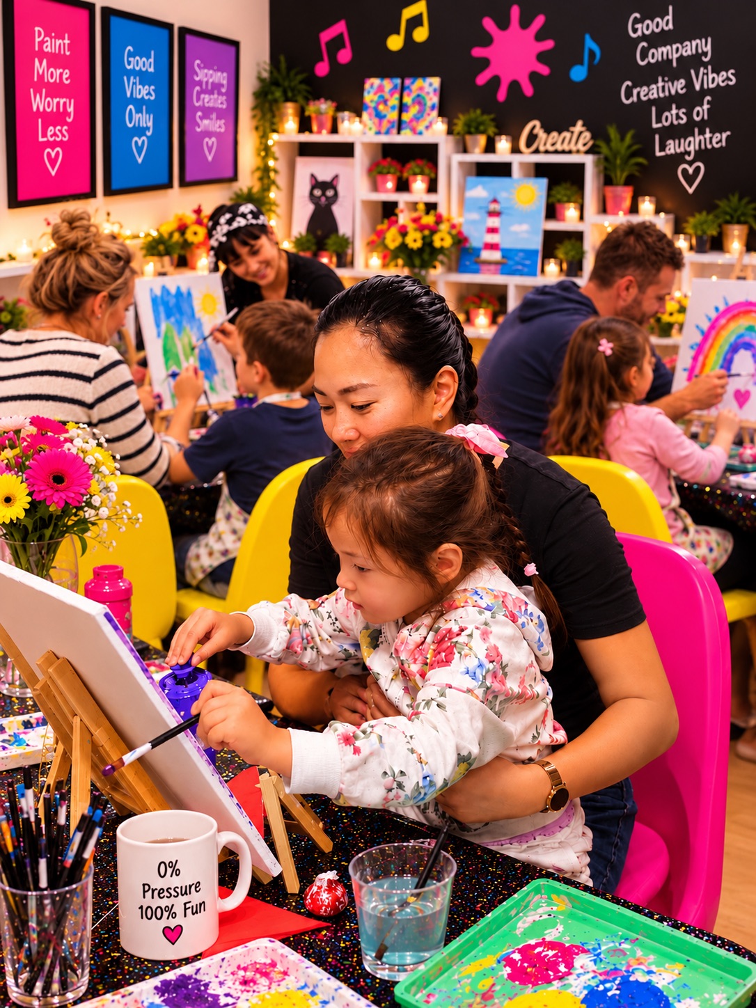 Parents and children painting together at a colourful family art workshop, enjoying a fun and creative activity.