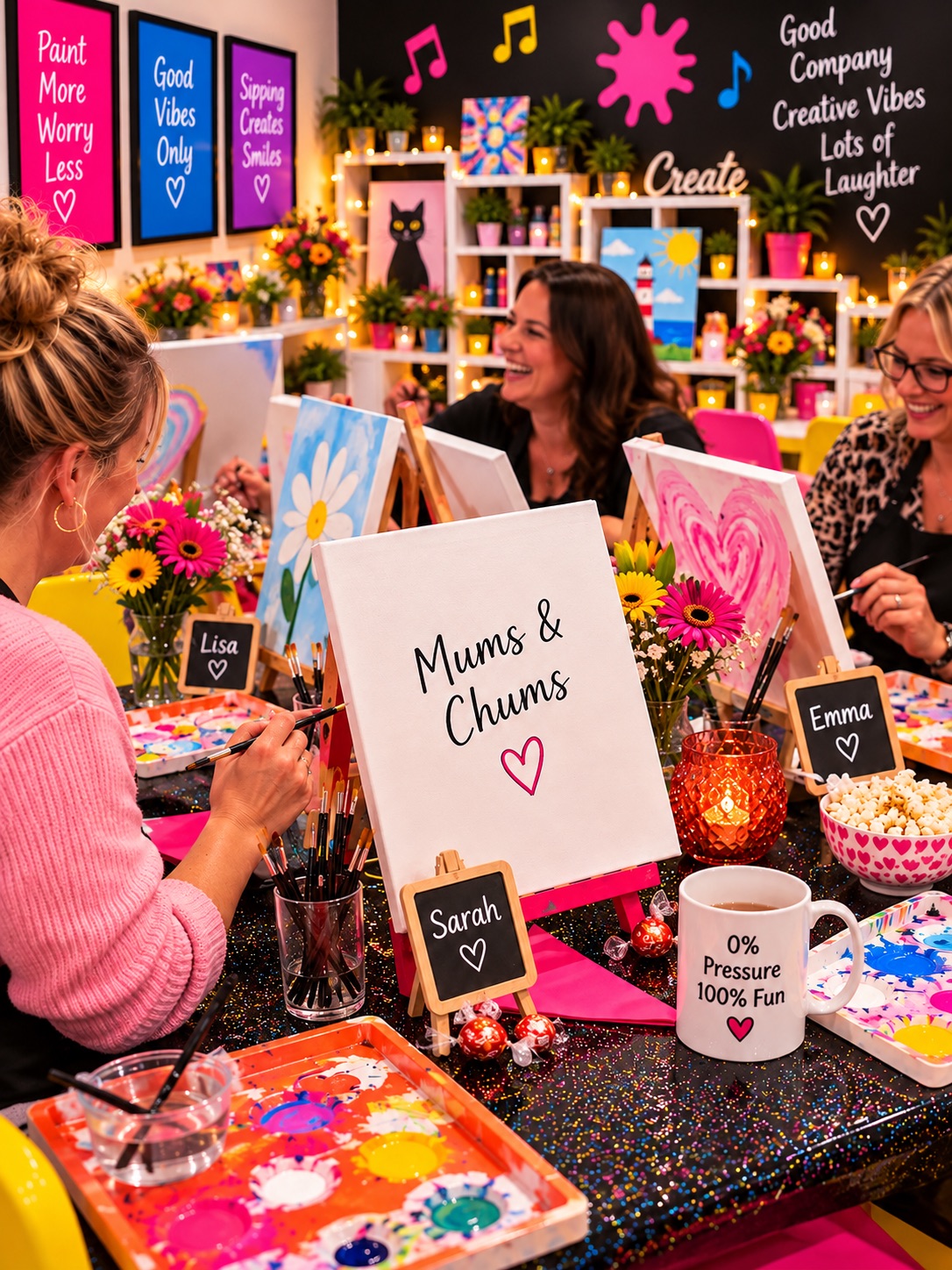 Women enjoying a relaxed Mums & Chums painting session together, surrounded by colourful artwork, flowers and creative decorations.