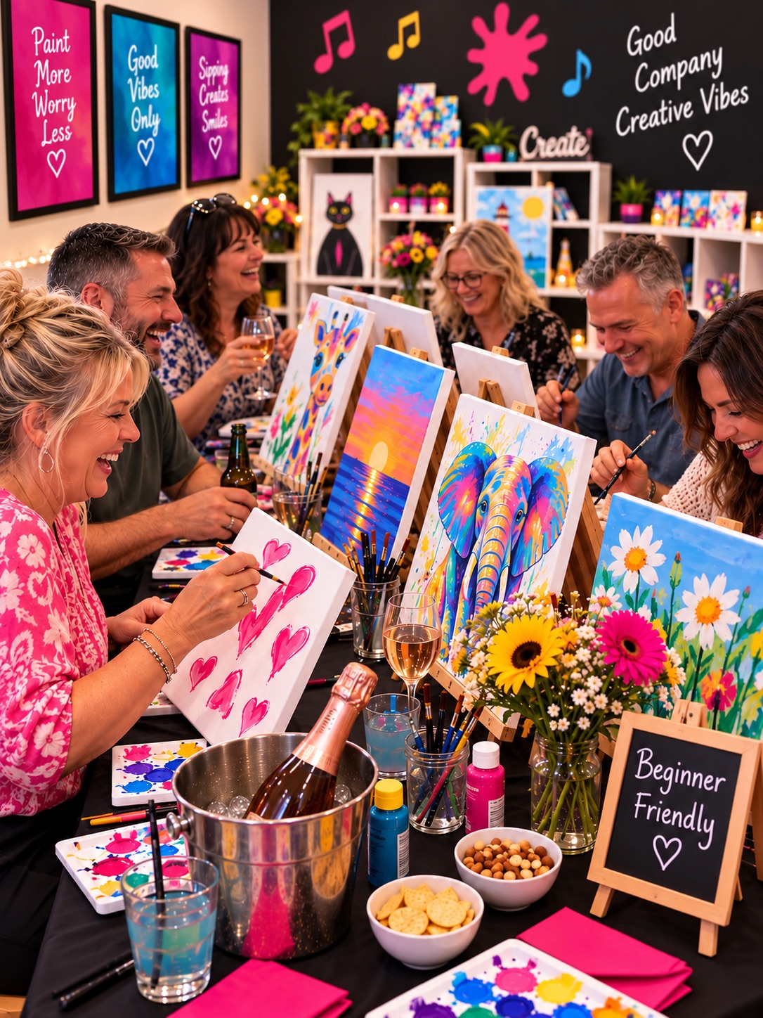 Adults laughing and painting together at a colourful, beginner-friendly celebration art workshop.