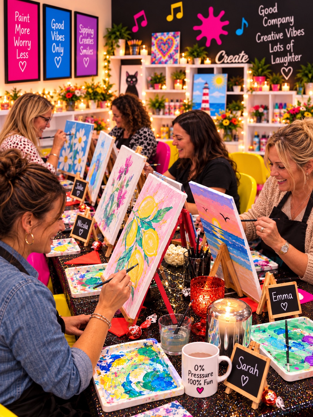 Friends enjoying a relaxed painting workshops together in a colourful, welcoming art studio.